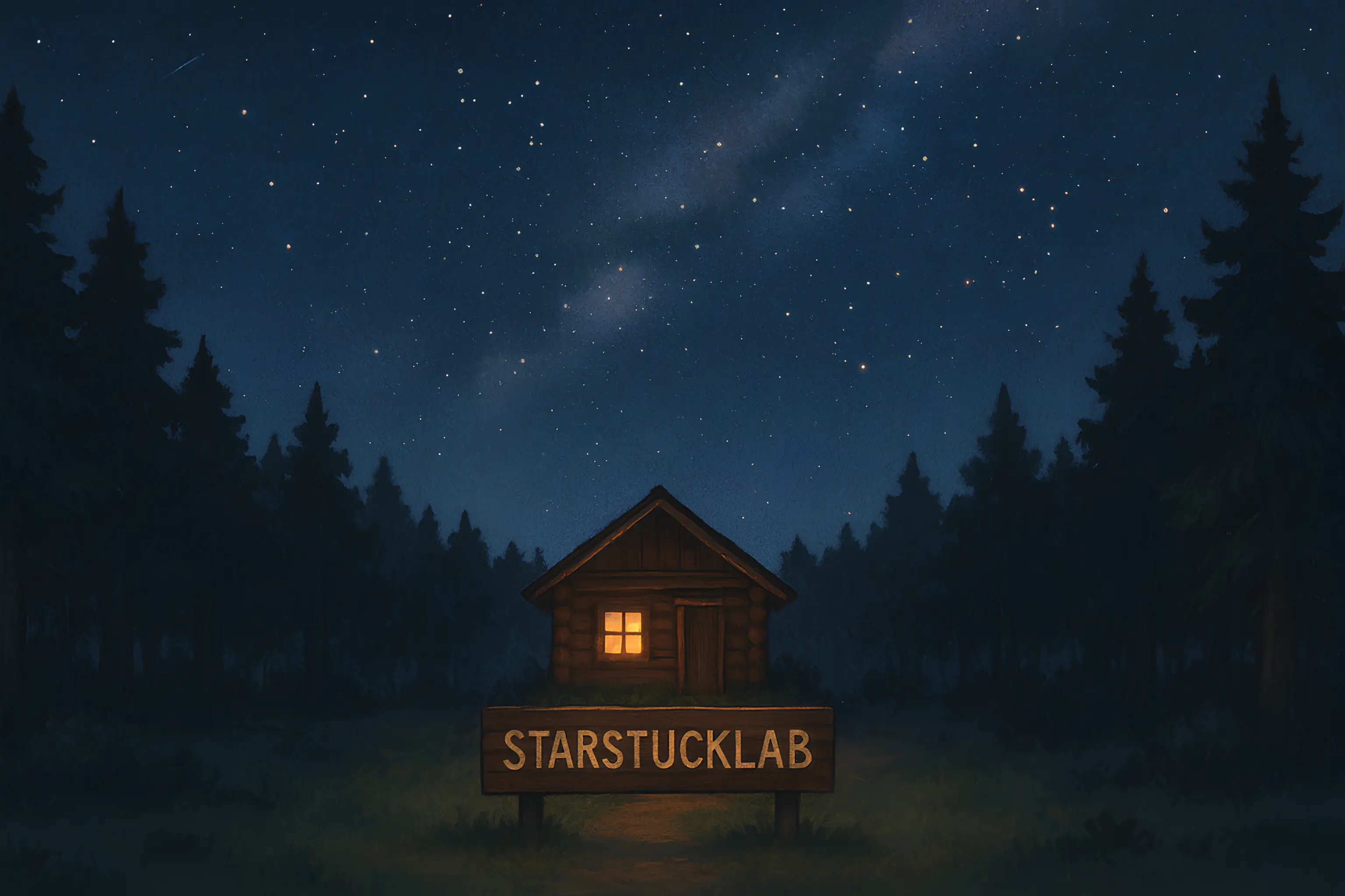 Forest hero with cabin and STARSTUCKLAB sign